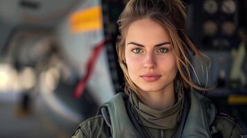 Female Aviator in Military Gear Standing in Aircraft Cockpit, Preparing for Flight Mission, Intense Focus and Determination, Aviation Enthusiast in Professional Uniform, Ready for Action photo