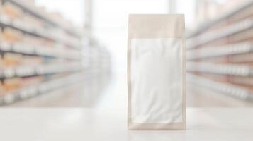 Blank White Coffee Bag in Grocery Store Aisle for Product Mockup, Packaging Design, Retail Presentation, or Branding Concept, Ideal for Coffee, Tea, Spices, and Food Items with Soft Focus Background photo