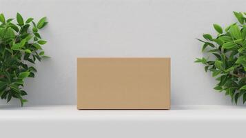 Minimalist Cardboard Box Between Green Plants Against White Wall for Eco-Friendly Product Presentation, Packaging Design, and E-Commerce Advertisements photo