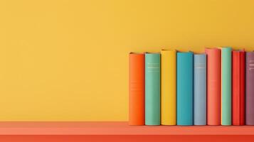 Colorful Books on Shelf Against Yellow Wall, Minimalist Interior Design, Vibrant Decor, Educational Resources, Modern Home Office Decoration Idea photo
