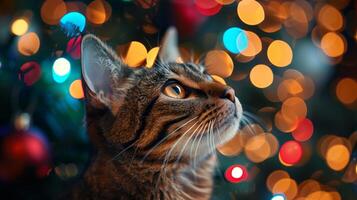 Festive Christmas Cat, Adorable Tabby with Holiday Decorations and Colorful Bokeh Lights, Cozy Winter Scene, Warm Holiday Ambiance photo