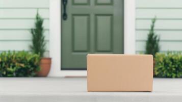 Delivery Package on Doorstep of Suburban Home with Green Door and Plants, E-commerce Concept for Online Shopping, Contactless Delivery, and Convenience photo