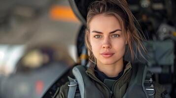 Woman Jet Pilot in Cockpit with Focused Expression, Military Aviation, Professional Pilot Uniform photo