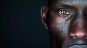 Close-Up Portrait African American Man's Face in Low-Light Setting with Emphasis on Eye, High-Resolution Detail of Skin Texture, Dramatic and Moody Lighting in Studio Photography photo