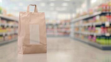 Paper Shopping Bag with White Label on Glossy Supermarket Floor Blurred Background with Groceries photo