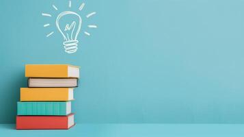 Stack of Colorful Books With White Light Bulb Drawing on Bright Blue Background for Education and Innovation Concept photo