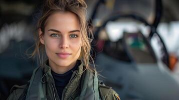 Female Fighter Pilot in Uniform with Fighter Jet Background Close-Up Portrait, Confident, Determined Air Force Officer, Aviation Theme photo
