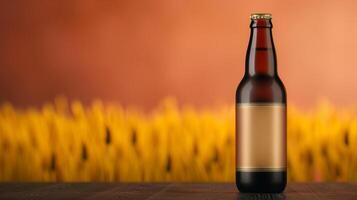 Autumn Beer Bottle with Blank Label on Wooden Table in Wheat Field, Perfect for Fall Harvest Celebrations and Brewery Advertising photo