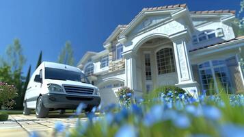 Luxury Van Parked Outside Modern Mediterranean Mansion with Manicured Garden and Blue Sky in Background photo