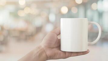 Hand Holding White Ceramic Mug in Bright Cafe with Soft Focus Background Reflecting Relaxed Atmosphere, Perfect for Coffee or Tea-Themed Stock Photography, Casual Morning, or Office Break Time Visuals photo