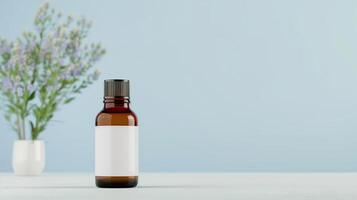 Brown Glass Bottle With Blank Label On Light Blue Background, Lavender Flowers In White Vase, Minimalist Design, Healthcare And Aromatherapy Concept photo