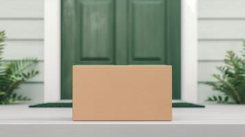 Delivery Service Concept Mockup Cardboard Package On Doorstep Of Green Front Door Of Modern House With Plants And White Siding - Home Delivery Parcel Concept photo