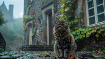 Fluffy Maine Coon Cat Sitting in Historical Village Alleyway Surrounded by Cobblestone, Ivy-Covered Walls, and Vibrant Fall Foliage photo
