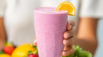 Refreshing Fruit Smoothie In Hand With Lemon Garnish, Healthy Pink Milkshake, Summer Drink, Fresh Fruits Background, Vibrant and Nutritious Beverage, Breakfast Smoothie photo