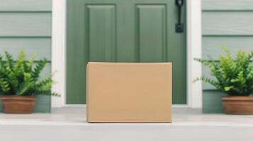 Large Delivery Cardboard Box on Doorstep with Green Door and Potted Plants, Front Porch Package Delivery, E-commerce, Shipping Concept photo