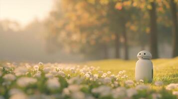 Adorable Robot in Sunlit Meadow with White Flowers and Autumn Trees in Background Captures Blend of Technology and Nature photo