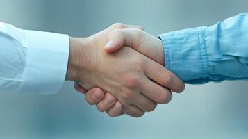 Business Handshake Between Two Professionals Formal Attire Signifying Partnership Agreement Trust Corporate Environment Against a Soft Blue Background Highlighting Professional Relations Collaboration photo