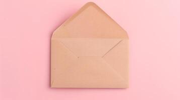 Minimalist Brown Envelope on Pastel Pink Background, Open Flap, Flat Lay Photography, Stationery Design, Soft Colors for Spring and Summer photo