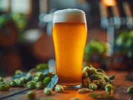 Golden Ale Beer in Pint Glass with Fresh Hops on Rustic Wooden Table, Brewery Background, Autumn Seasonal Craft Beverage, Close-Up Macro View, Atmospheric Warm Lighting at Bar or Pub photo