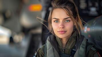 Portrait of Female Air Force Pilot in Uniform with Military Aircraft Background, Focused Expression, Commitment to Duty, Aviation Career, Strength and Courage, Blurred Background Effect photo