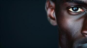 Close-Up Portrait of a Person with Deep, Intense Look and Textured Skin on Dark Background, Capturing Expression and Detail photo