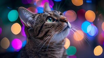 Festive Holiday Cat Against Colorful Bokeh Lights, Celebrating Christmas With Bright Orbs and Soft Focus, Ideal for Festive Occasions and Cheerful Settings, Portraying a Cat in a Magical Moment photo