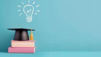 Graduation Cap on Stack of Books Against Pastel Blue Background Illustrating Education Success and Knowledge Concept with Chalk Lightbulb Overlay photo
