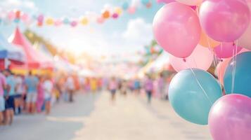 Colorful Balloons and Festive Atmosphere at Outdoor Summer Festival with Crowds and Decorative Bunting in Sunny Weather photo
