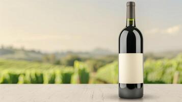 Elegant Wine Bottle On Wooden Table With Vineyard Background, Perfect For Winery Promotions, Wine Tasting Events, And Autumn Harvest Celebrations photo