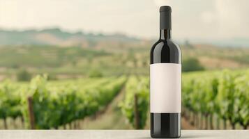 Elegant Wine Bottle With Blank Label on Table in Front of Scenic Vineyard Background, Suitable for Branding Mockup, Advertising, Winery Promotions, and Gourmet Food Pairing Themes photo