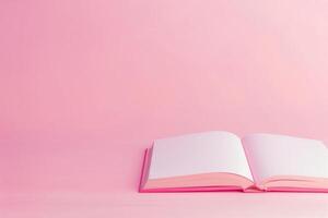 Open Blank Book with Pink Cover on Pink Background, Minimalist Design, Pastel Aesthetic, Literature Mockup, Creative Writing Concept, Stationery, Reading and Writing, Textbook Template photo