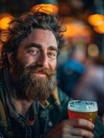 Bearded Man Enjoying Craft Beer in Cozy Pub with Warm Ambient Lighting, Happy Expressions, and Soft Focus Background Ideal for Winter Holidays, Festive, International Beer Day Celebrations photo