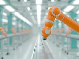 Futuristic Orange Robotic Arm Working in Automated Assembly Line in Modern Industrial Factory, High-Tech Manufacturing Process photo