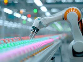 Robotic Arm Operating on Industrial Conveyor Belt with Neon Lights, Automated Factory Machinery, Cutting-Edge Manufacturing Technology, Industrial Automation, High-Tech Production Process photo