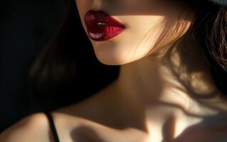 Enigmatic Woman's Lips with Deep Red Lipstick in Shadowy Light - Allure and Mystery in Subtle Glamour Portrait, Intense Focus on Beauty and Sensuality with Play of Shadows and Light photo
