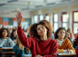 High School Classroom Scene With Students, Focus On Engaged Teenager Raising Hand, Diverse Group, Modern Education Setting, Natural Light, Happy Learning Environment, Dynamic Student Participation photo