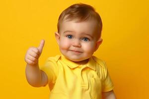 Cute Baby Smiling on Bright Yellow Background, Thumbs Up Gesture, Wearing Yellow Polo Shirt, Adorable Expression, Cheerful Toddler, Happy Child, Fresh and Vibrant Color Palette, High-Quality Portrait photo