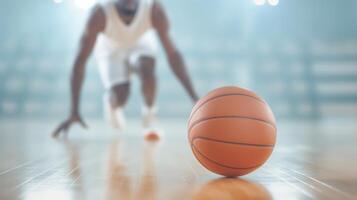 Basketball Player in Sports Arena Focused on Basketball With Blurred Background, Indoor Sporting Event, Athletic Determination, Preparation for Game photo