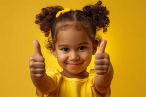 Happy Smiling Little Girl With Curly Hair And Pigtails Giving Thumbs Up Wearing Yellow Shirt On Matching Yellow Background Expressing Positivity And Joy Perfect For Kids Fashion And Parenting Themes photo