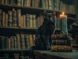 Mysterious Black Cat in Candlelit Library with Vintage Bookshelves for Halloween-Themed Design, Spooky and Atmospheric Scene photo