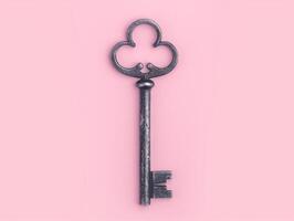 Vintage Ornate Skeleton Key on Pink Background, Minimalist Photography, Retro Aesthetic, Home Decor Concept, Symbol of Unlocking or Security, Valentines Day Greeting Design photo