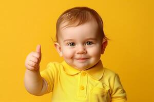 Adorable Baby in Yellow Polo Smiling with Thumbs Up on Bright Yellow Background, Joyful Expression, Positive Gesture, Vibrant Monochrome Palette, Cheerful Setting, Happy Toddler Portrait photo