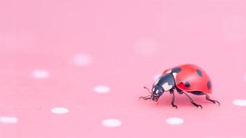 Close-Up Of Ladybug On Pink Polka Dot Background Perfect For Spring Nature Themes And Whimsical Designs photo