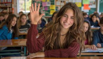 Engaged High School Student Raising Hand in Classroom With Diverse Group of Teens During Lesson on Educational Concepts photo