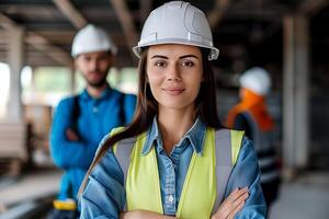 Confident Female Architect in Safety Vest and Helmet with Team in Construction Site, Emphasizing Female Empowerment, Leadership, and Development in Industrial Work Environment photo