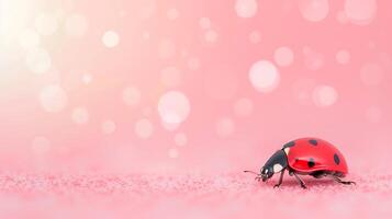 Bright Ladybug on Pink Surface with Bokeh Light Circles and Soft Background - Nature, Wildlife, and Macro Photography for Spring or Summer Themes photo