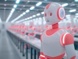 Futuristic Robotics Factory With Multiple Red And White Robots In Production Line, Artificial Intelligence Manufacturing, Industrial Automation, Modern Technology photo