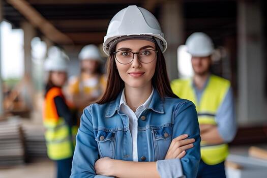Confident Female Engineer With Workers In Background Wearing Safety Gear On Construction Site With Building Structure Visible, Representing Teamwork And Leadership In Engineering And Architecture photo