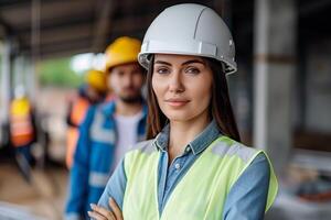Confident Female Engineer In Safety Gear At Construction Site With Team In Background Demonstrates Leadership And Expertise In Civil Engineering And Infrastructure Development photo