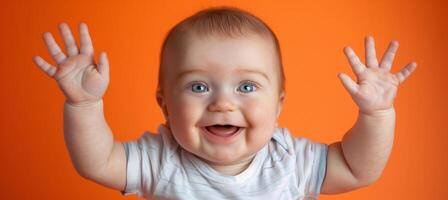 Adorable Baby Smiling With Raised Hands, Orange Background, Joyful Infant Expression, High-Resolution Photography, Happy Child Celebration, Perfect For Holiday Cards And Children's Advertisements photo